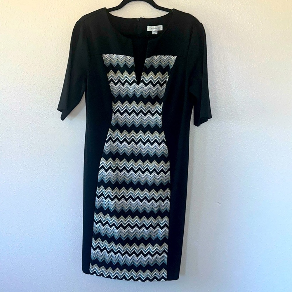 Women’s black dress with multicolored detailed front panel, Size 14
